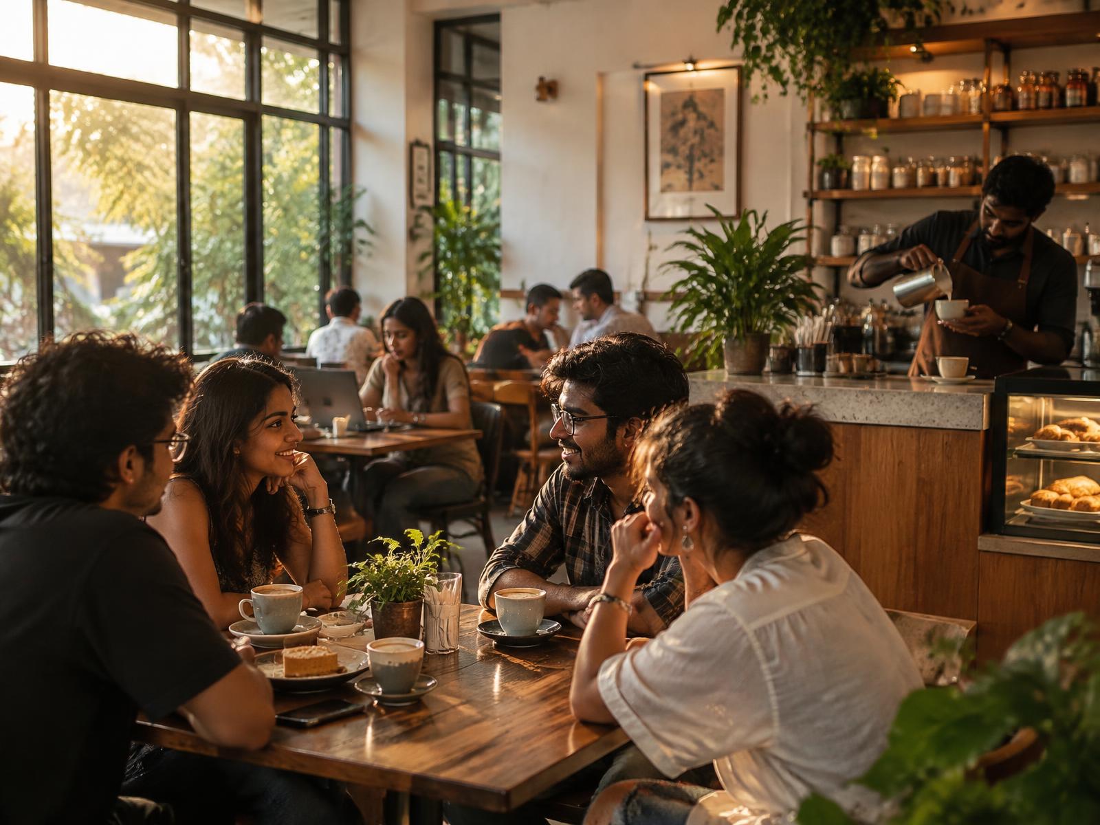 Warm café interior with people sharing coffee
