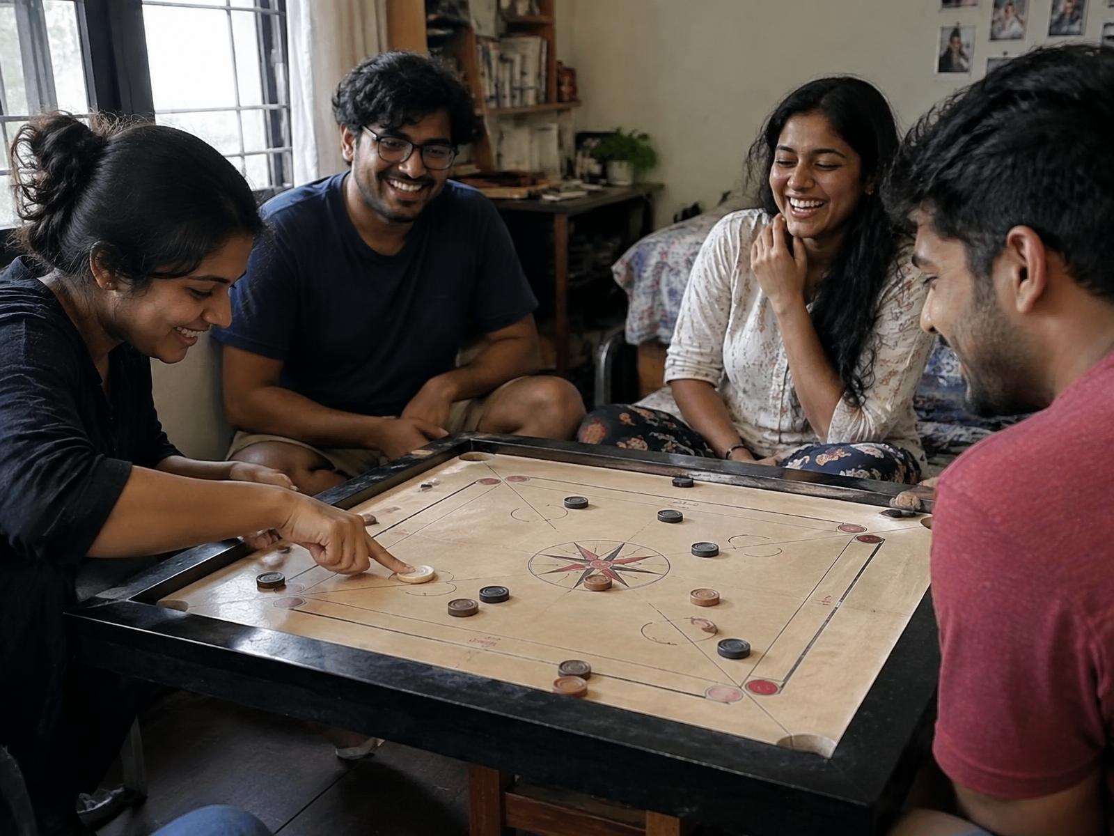 Friends playing carrom