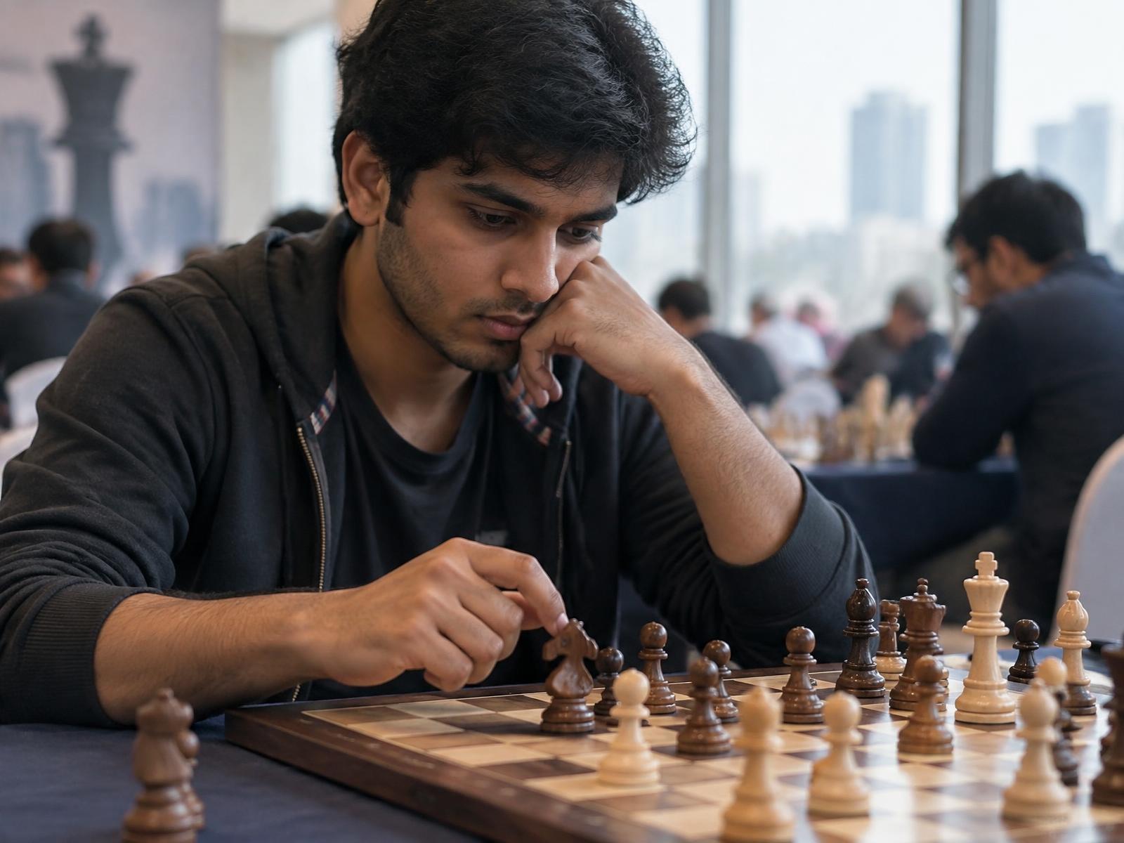 A young player concentrating during a chess tournament