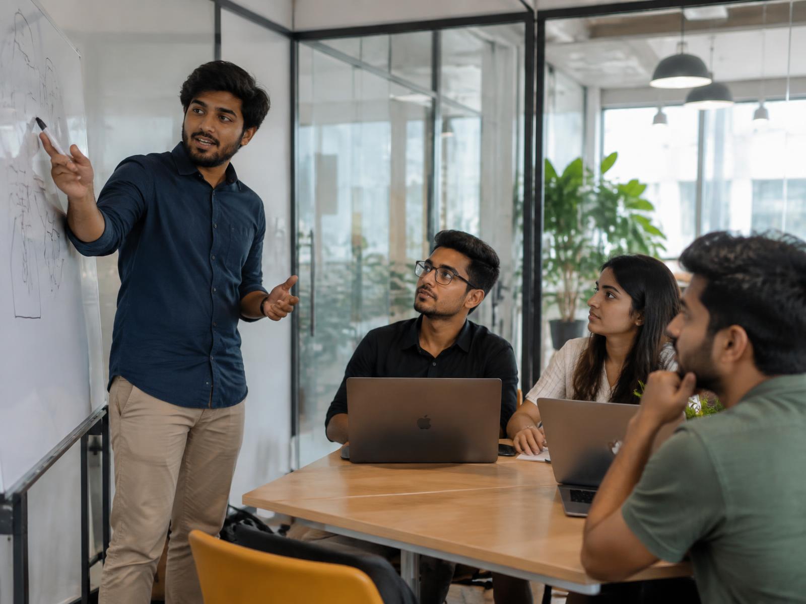 Young Indian founders collaborating in a bright coworking space